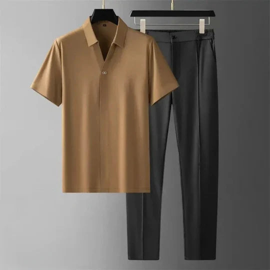 Close-up of men's breathable cotton linen fabric. Luxurious texture of the casual two-piece loungewear set.
