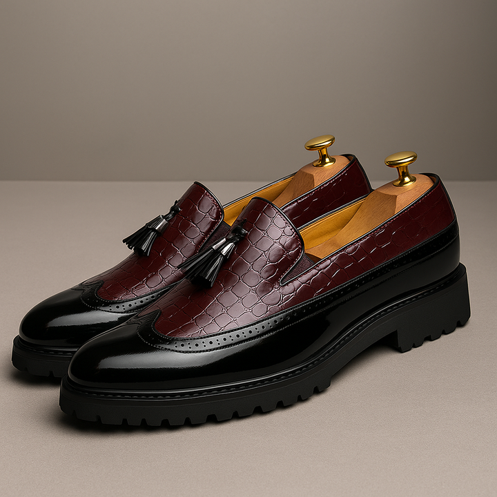 Men's luxury croc-embossed tassel loafers. Elegant slip-on formal dress shoes for stylish men.