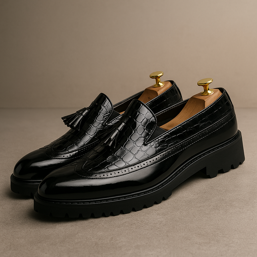 Stylish men's croc-embossed luxury tassel loafers. Fashionable slip-on dress shoes for formal wear.
