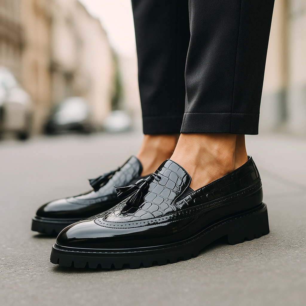 Stylish luxury men's croc-embossed tassel loafers. Fashionable slip-on formal dress shoes.