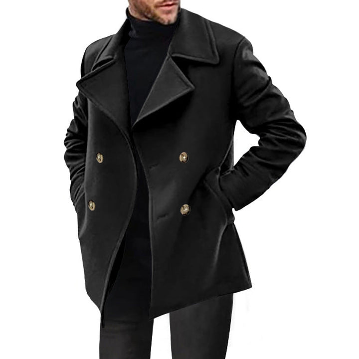 Elegant men's double-breasted long coat, ideal for business attire and sophisticated cool weather ensembles.