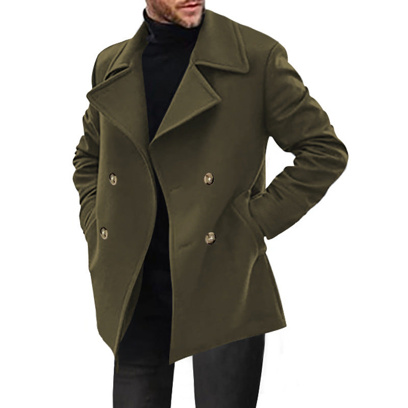 Classic men's double-breasted formal coat, sleek design for elegant business and evening wear.