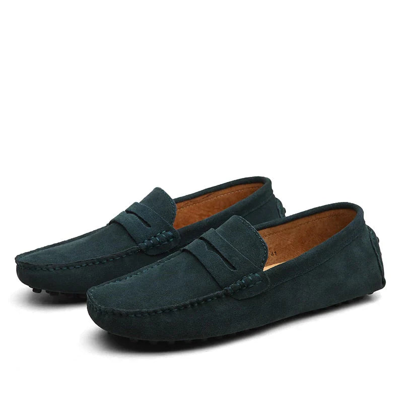 Front view of luxury men's loafers, showcasing the sleek design perfect for both driving and walking.