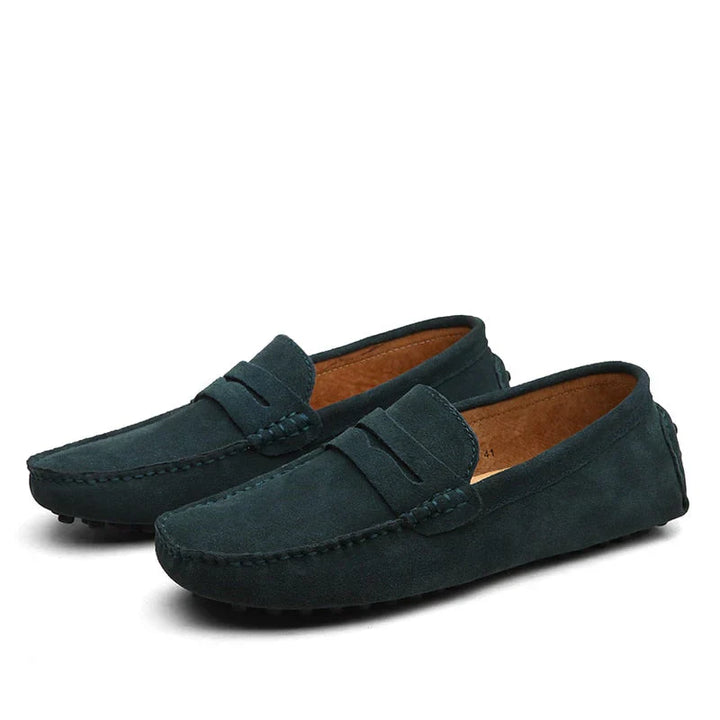Front view of luxury men's loafers, showcasing the sleek design perfect for both driving and walking.