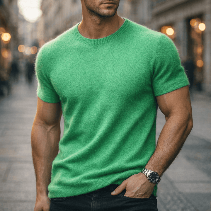 Men's luxury knitted crew neck t-shirt, short sleeve, perfect for smart casual and all-season style.
