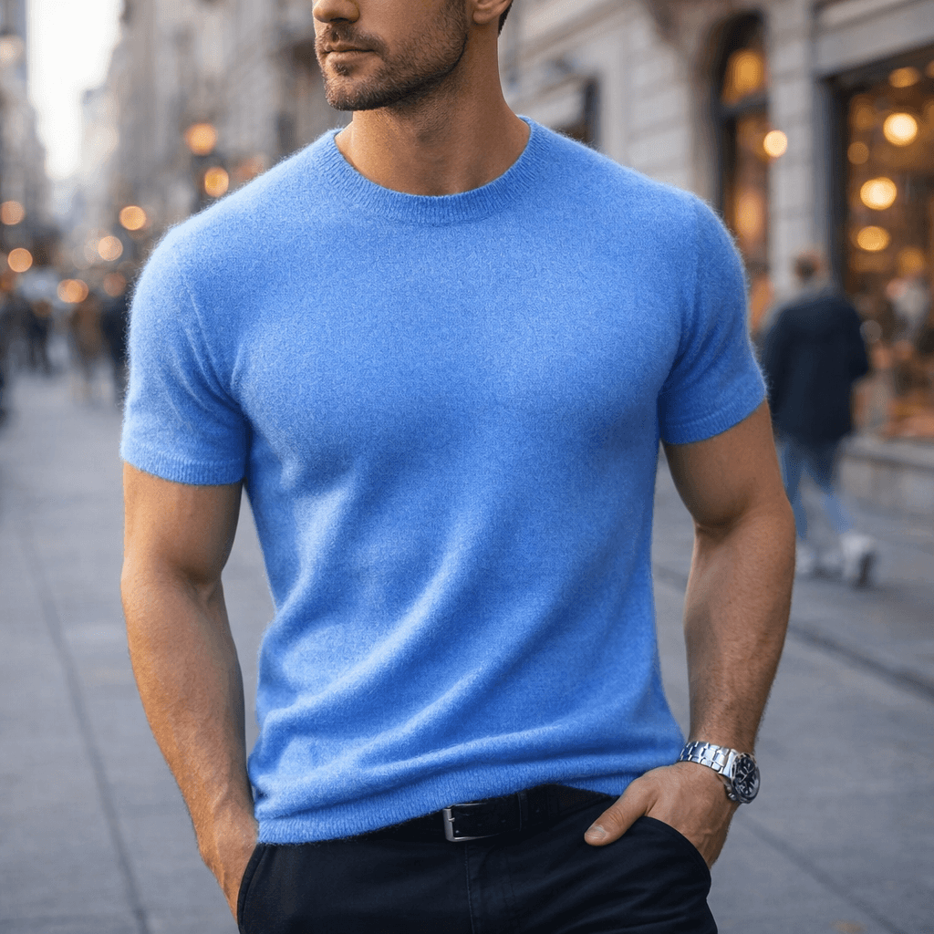 Refined men's classic knitted crew neck t-shirt in a luxury fabric, ideal for sophisticated menswear outfits.