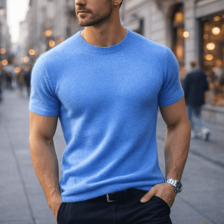 Refined men's classic knitted crew neck t-shirt in a luxury fabric, ideal for sophisticated menswear outfits.