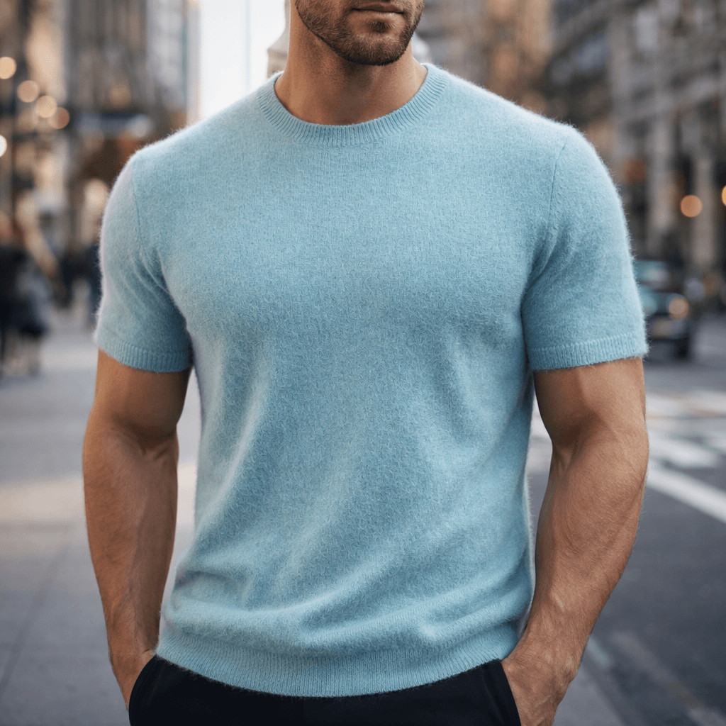 High-quality men's knitted short sleeve t-shirt with a classic crew neck, offering versatile smart casual luxury.