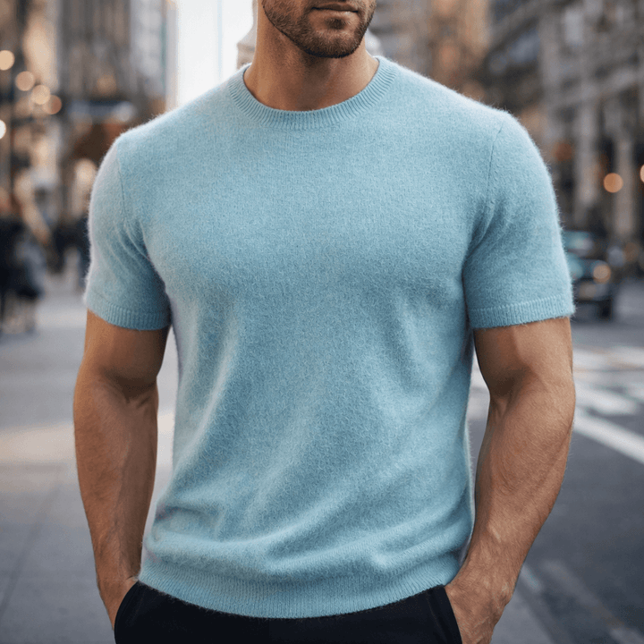 High-quality men's knitted short sleeve t-shirt with a classic crew neck, offering versatile smart casual luxury.