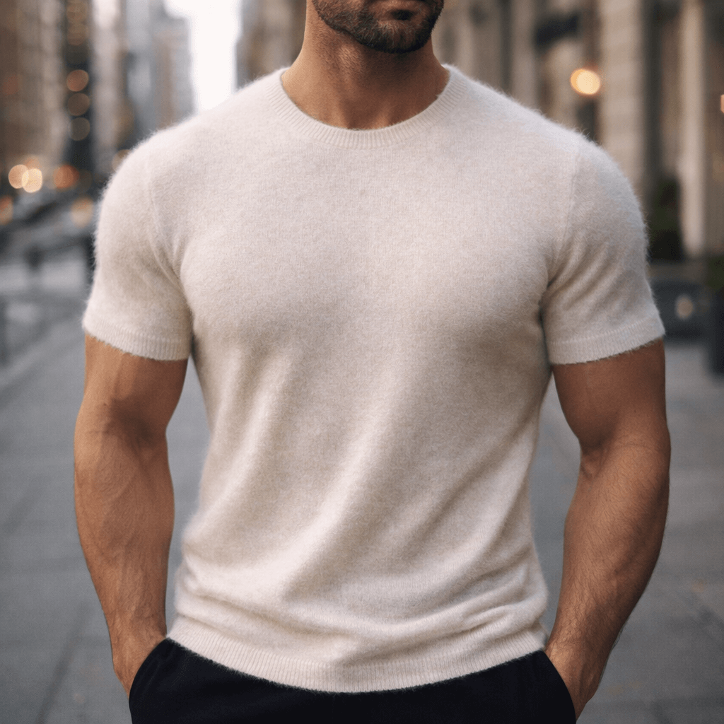 Comfortable men's luxury knitted crew neck t-shirt. Short sleeve design, excellent for all-season smart casual wear.