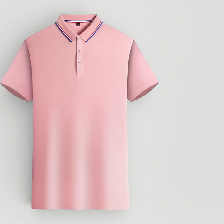 Men's luxury polo, lightweight stretch fit for freedom of movement. Stylish smart casual short sleeve top.