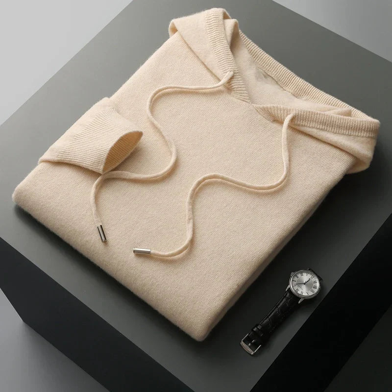 Full view of a comfortable men's luxury hoodie. Adjustable drawstring, modern men's fashion, stylish outerwear.