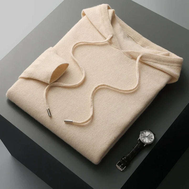 Full view of a comfortable men's luxury hoodie. Adjustable drawstring, modern men's fashion, stylish outerwear.