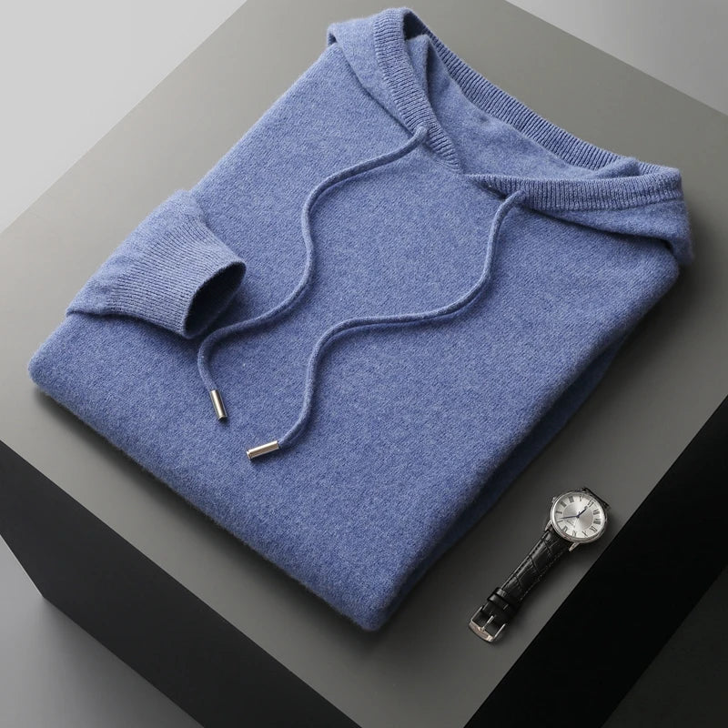 Black men's luxury hoodie, adjustable drawstring hood. Perfect for stylish everyday comfort & modern men's fashion.