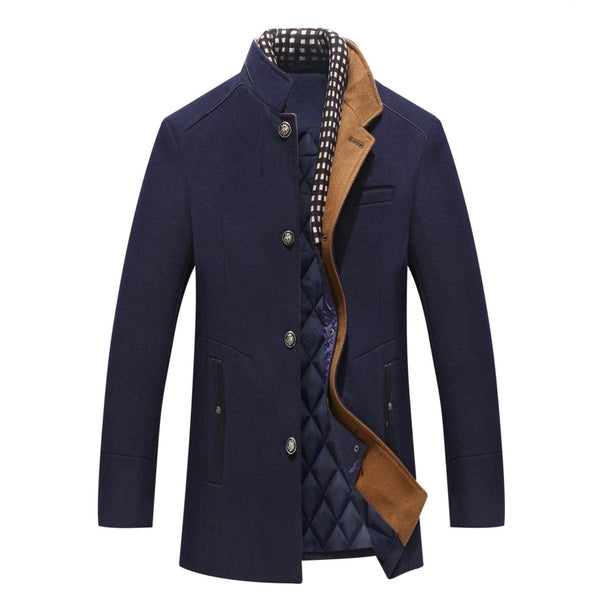 Men's mandarin collar winter overcoat with button front closure. Stylish and versatile long sleeve outerwear.