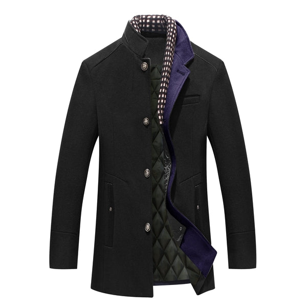 Men's formal mandarin collar coat, ideal for office or events. Modern long sleeve overcoat for sophisticated style.