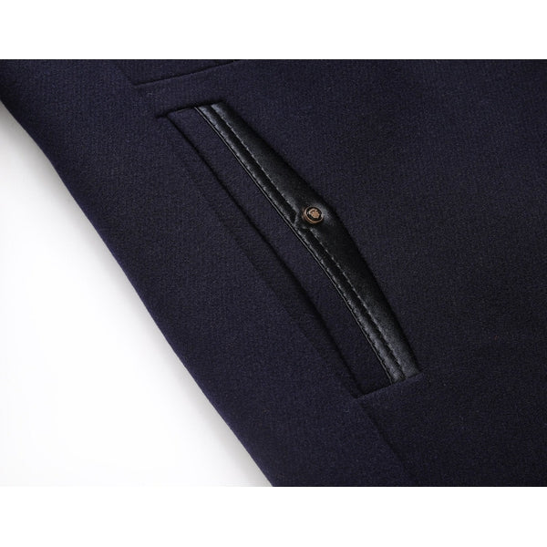 Modern men's mandarin collar overcoat. Sophisticated mid-length button front outerwear for versatile style.