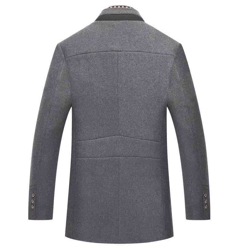 Men's sophisticated mandarin collar overcoat. Mid-length winter coat, suitable for formal & casual men's fashion.