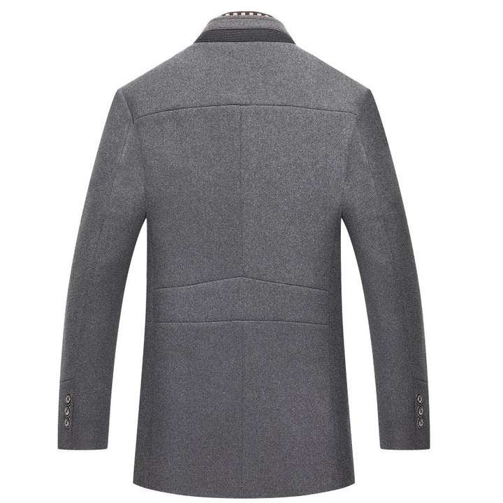 Men's sophisticated mandarin collar overcoat. Mid-length winter coat, suitable for formal & casual men's fashion.
