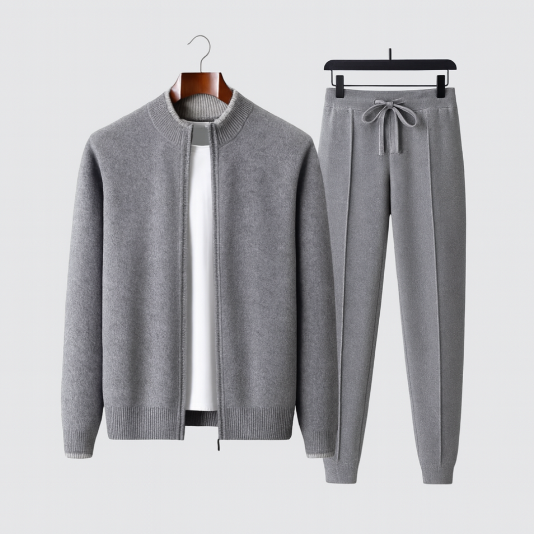 Stylish two-piece loungewear set for men, featuring a zip jacket and comfortable merino wool joggers.