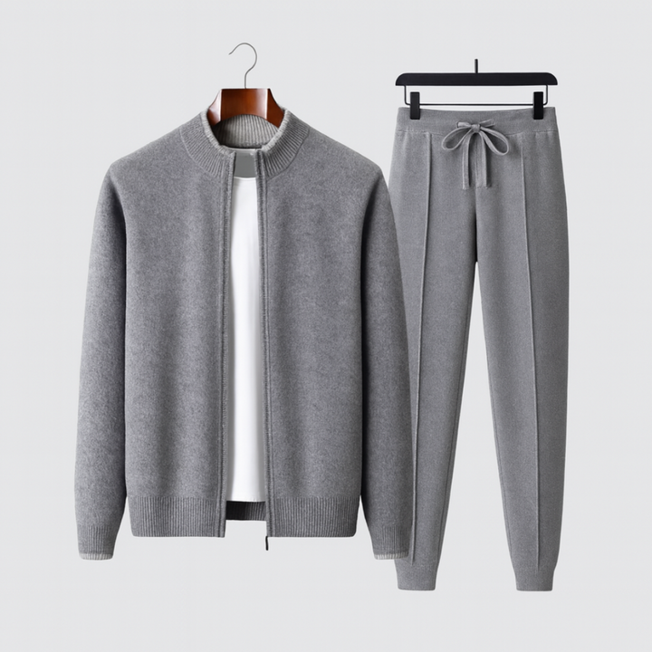 Stylish two-piece loungewear set for men, featuring a zip jacket and comfortable merino wool joggers.