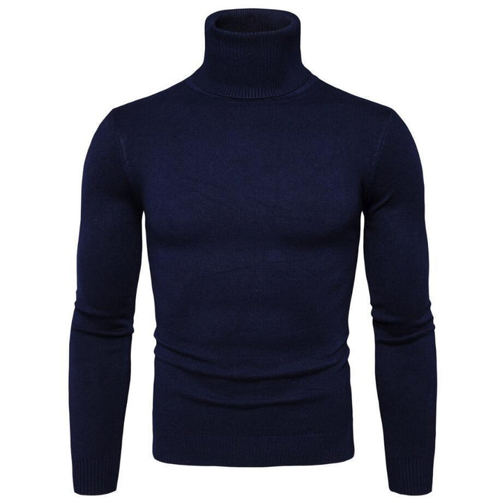 Men's navy blue Merino wool turtleneck, a staple for stylish men