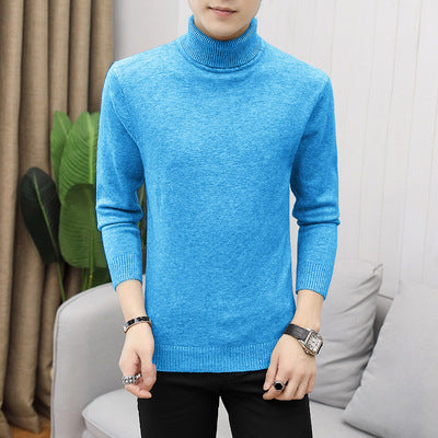 Front view of a warm men's burgundy Merino wool turtleneck sweater