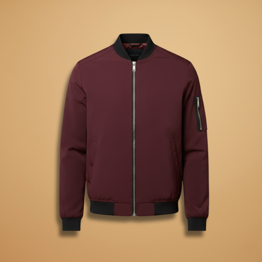 Men's metallic bomber jacket, front zip, sleek modern fashion outerwear.