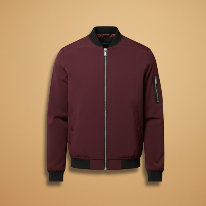 Men's metallic bomber jacket, front zip, sleek modern fashion outerwear.