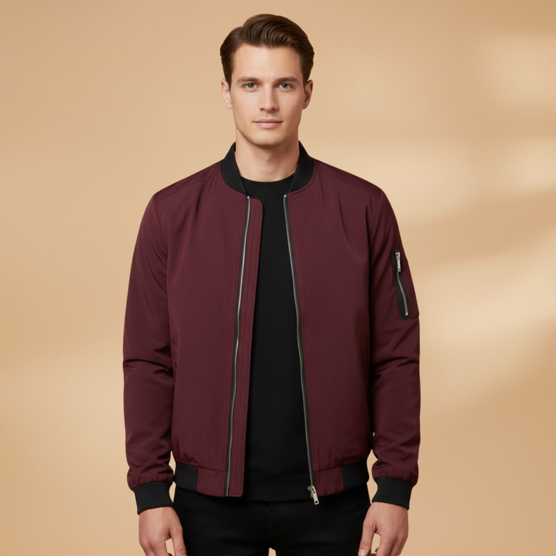 Stylish men's red metallic bomber jacket, zip-up, perfect for street style fashion.