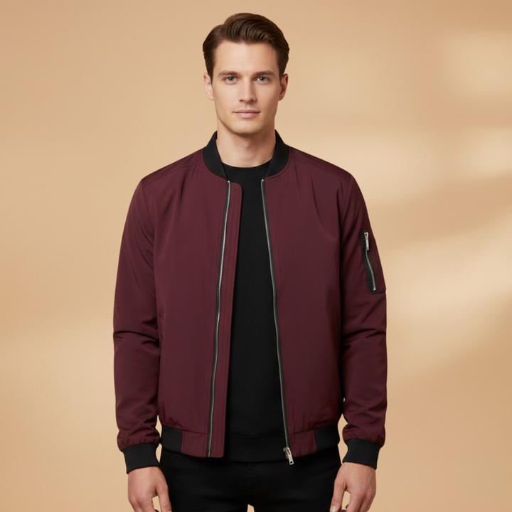 Stylish men's red metallic bomber jacket, zip-up, perfect for street style fashion.