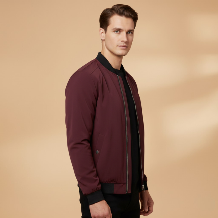 Black metallic bomber jacket for men, modern fashion outerwear with front zip.