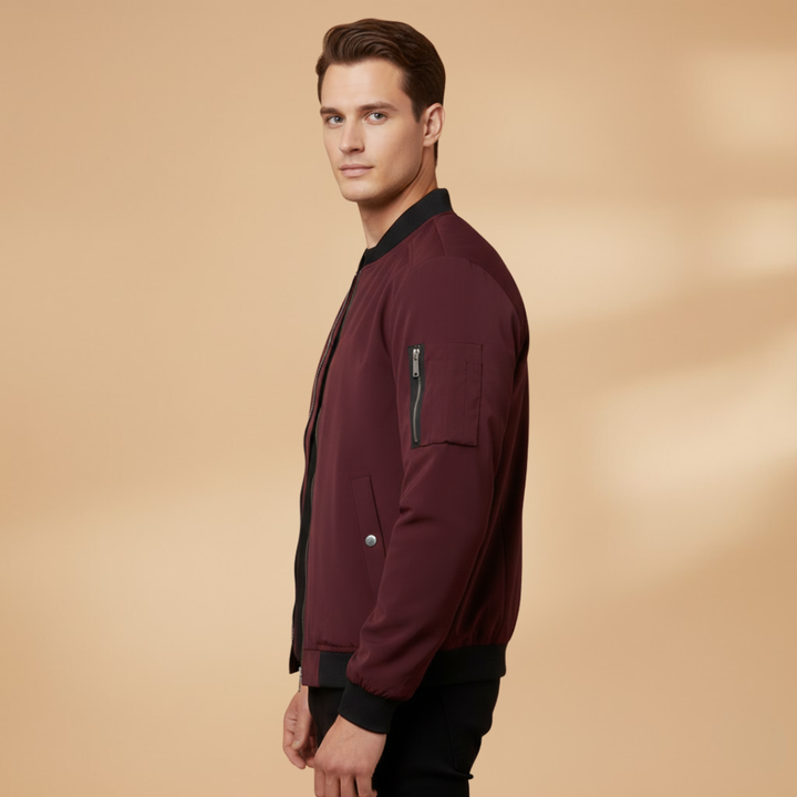 Navy blue metallic men's bomber jacket, a stylish zip-up for casual & street wear.