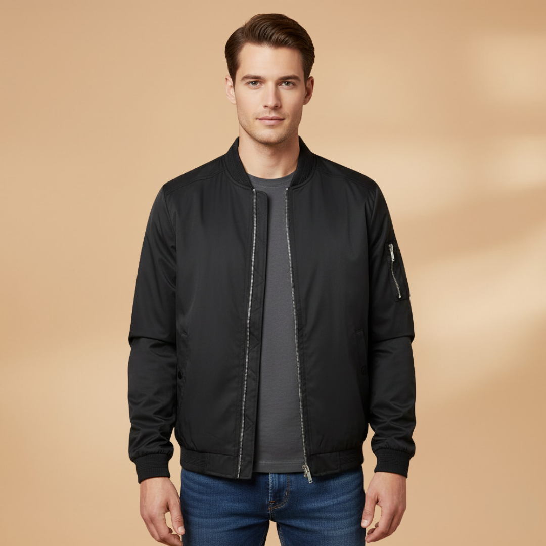 Statement men's metallic bomber jacket, front zip, ultimate fashion outerwear for street style.