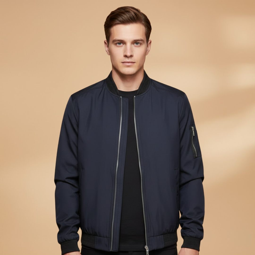 Stylish men's metallic bomber jacket, modern zip-up fashion outerwear for casual wear.