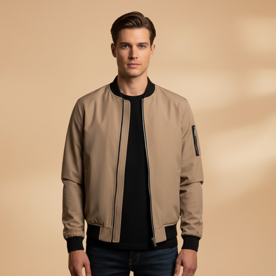 Men's metallic bomber jacket, front zip, versatile fashion outerwear for stylish street looks.