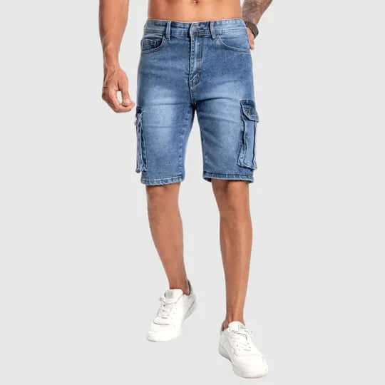 Men's mid-length denim cargo shorts, comfortable everyday wear, multiple utility pockets.