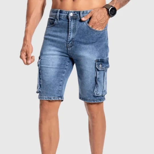 Man wearing casual mid-length denim cargo shorts, perfect for summer everyday comfort.