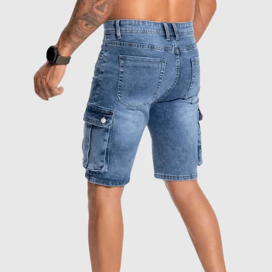 Textured view of men's denim cargo shorts, mid-length design for comfortable everyday utility.