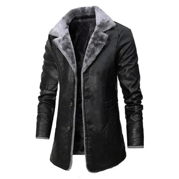 Stylish men's outerwear: mid-length coat featuring a cozy sherpa collar and classic button-down design, ideal for winter fashion.