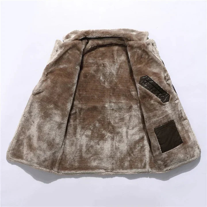 Elegant men's mid-length coat with a prominent sherpa collar, notched lapel, and button closure, perfect for cold weather.