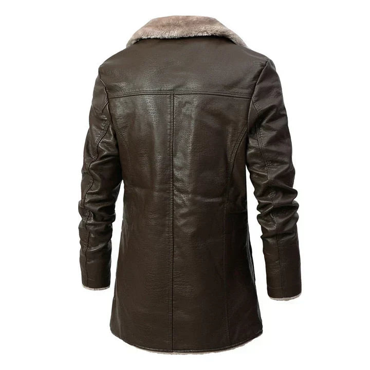 Trendy men's winter coat: a warm mid-length design with a soft sherpa collar, button-down front, enhancing business casual style.