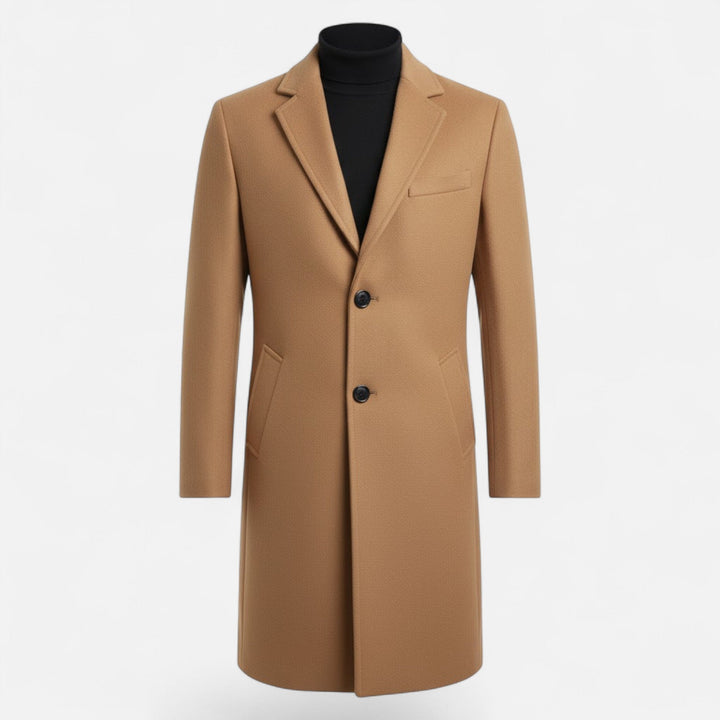 Men's mid-length wool trench coat in classic khaki, smart casual outerwear