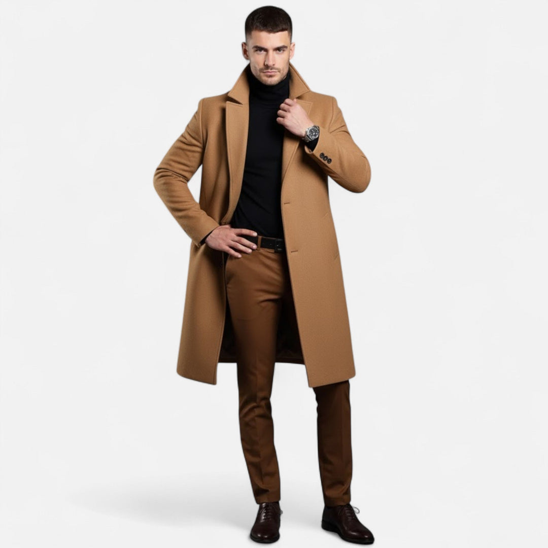 Sophisticated navy blue wool trench coat for men, perfect for business wear