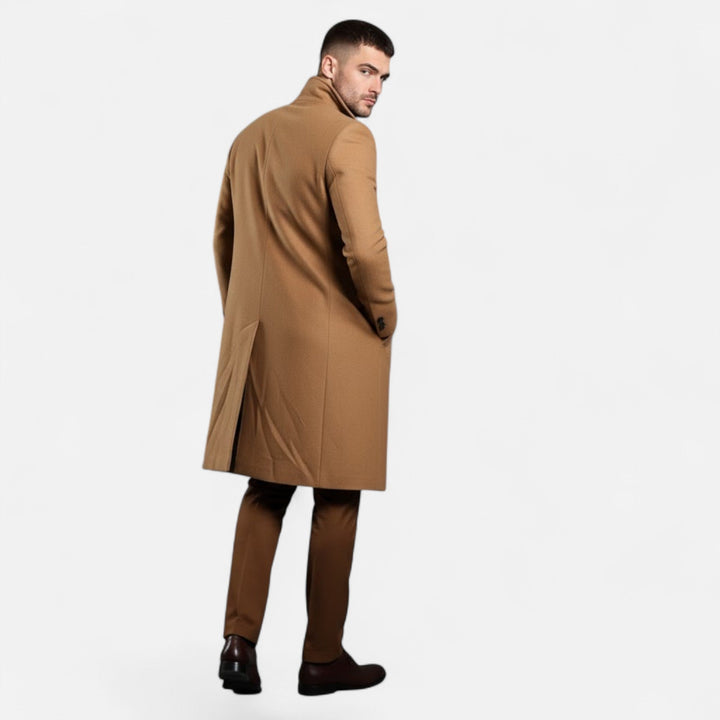 Stylish grey men's mid-length wool trench coat, ideal for fall fashion