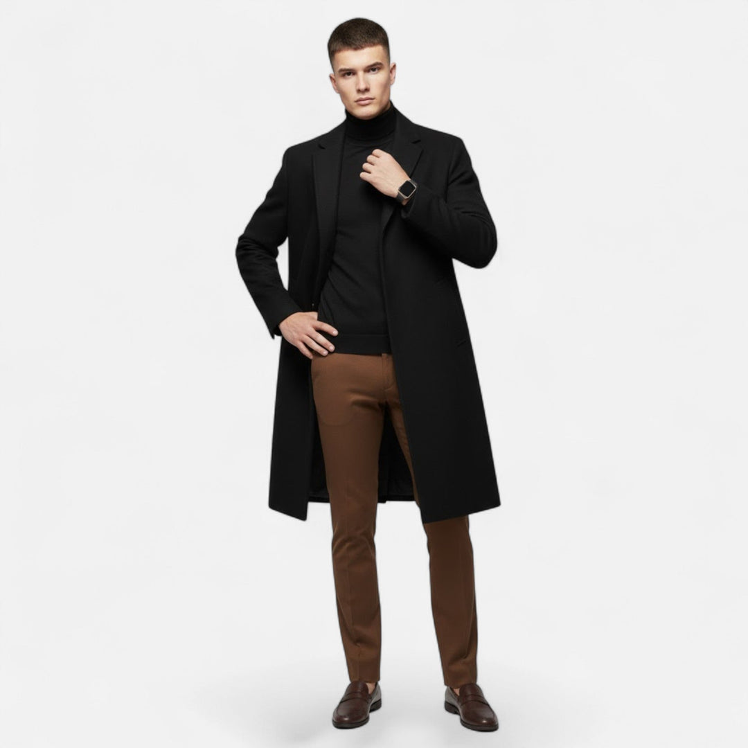 Close-up of men's mid-length wool trench coat fabric, showing quality texture