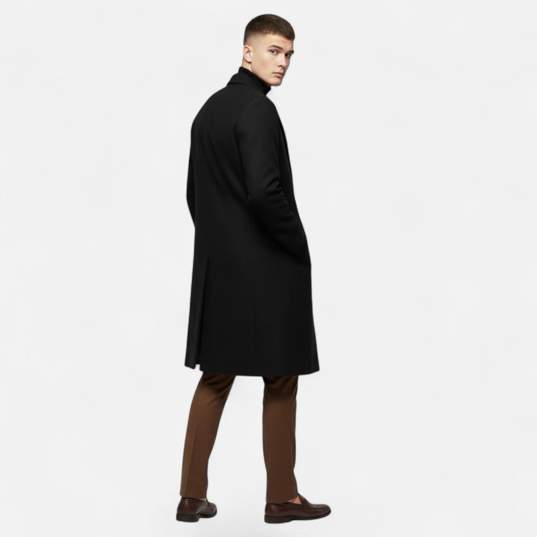 Man wearing a khaki wool trench coat, showcasing smart casual outerwear