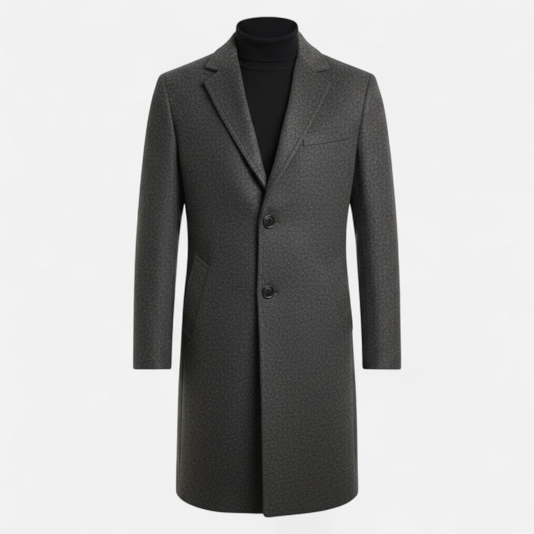 Model in a navy trench coat, demonstrating sophisticated business wear for men