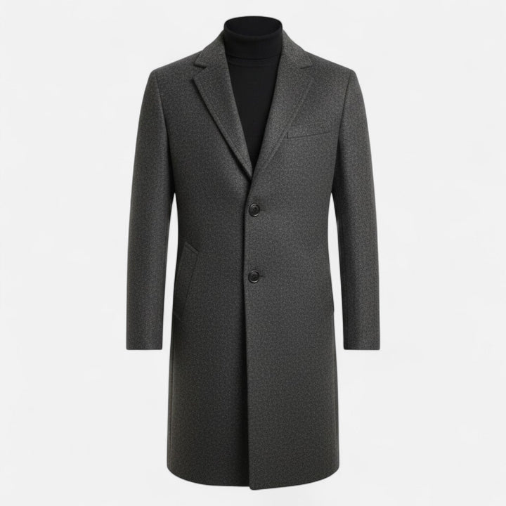 Model in a navy trench coat, demonstrating sophisticated business wear for men