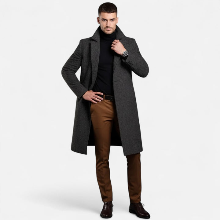 Grey mid-length wool coat for men, highlighting its timeless appeal